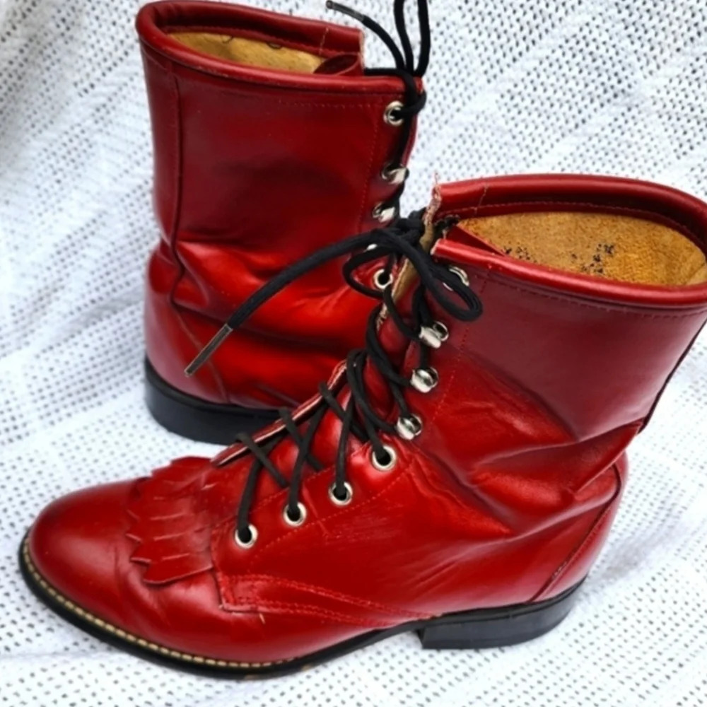 Laredo Red Leather Kiltie Ankle Boots Womens Size 6.5 Lace Up Western Retro Stat - Picture 16 of 16